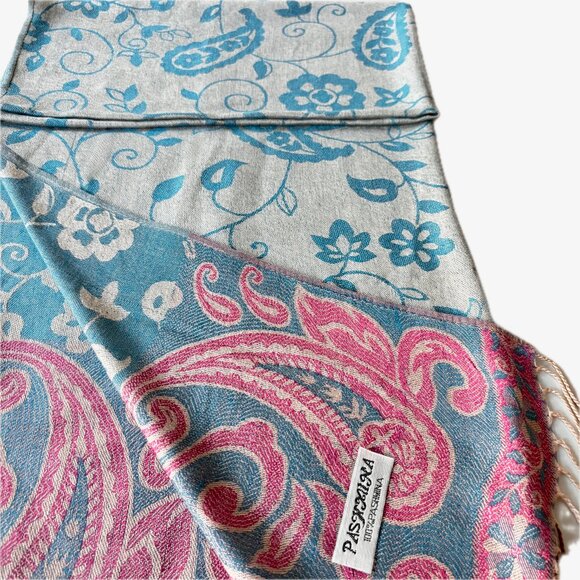 Pashmina Scarf Wrap Blue Pink Fringe 72"x 27" EC - Picture 1 of 8